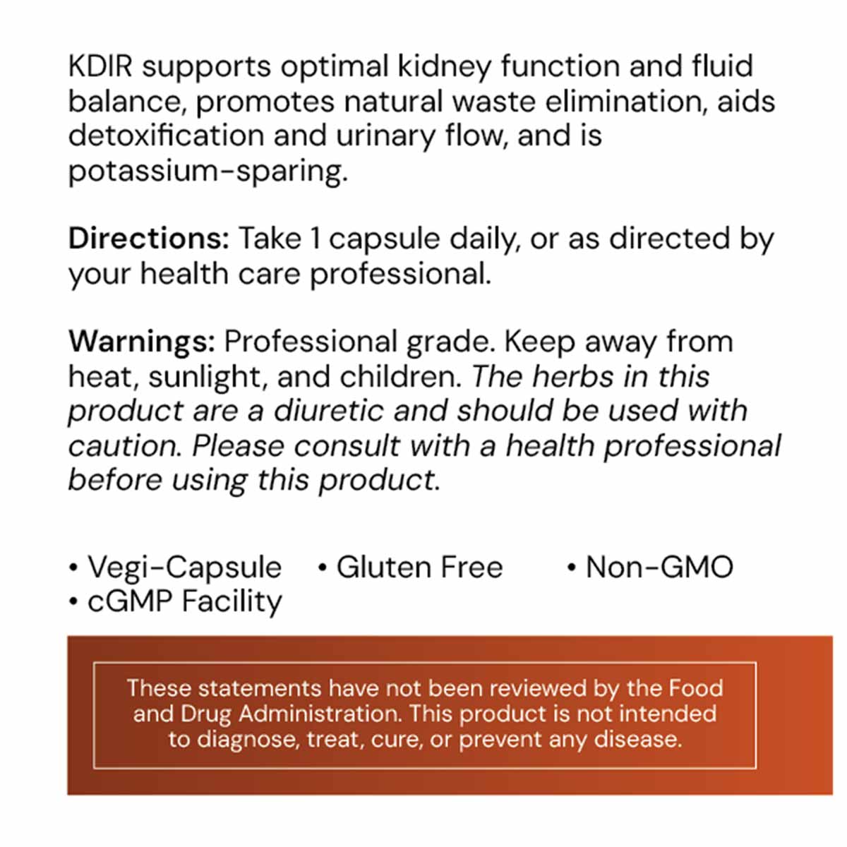 Bottle of KDIR Fluidren capsules with product information text and warnings displayed on white background.