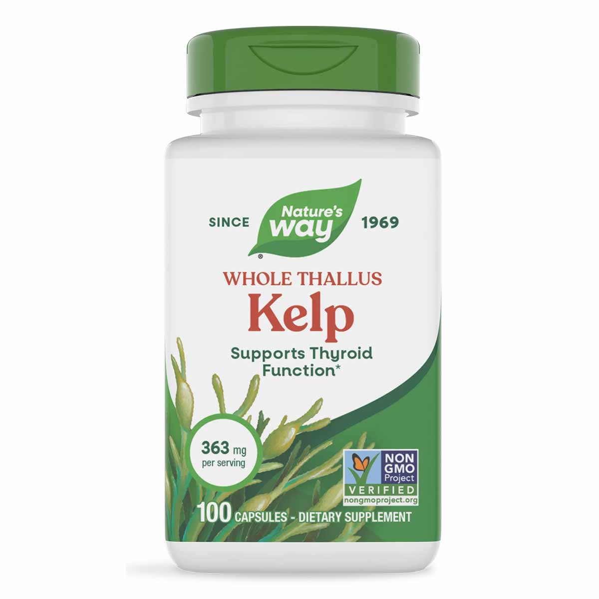 Nature's Way Whole Thallus Kelp dietary supplement bottle with green cap and label, 100 capsules.