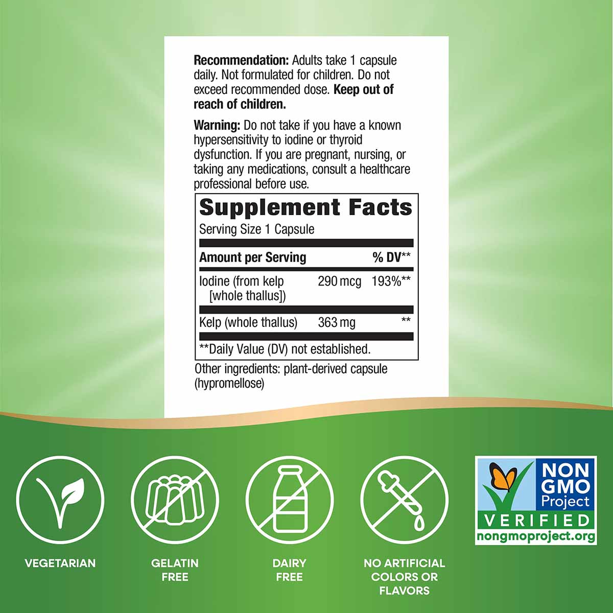 Supplement Facts label for Nature's Way Kelp capsules on green background with certification badges.