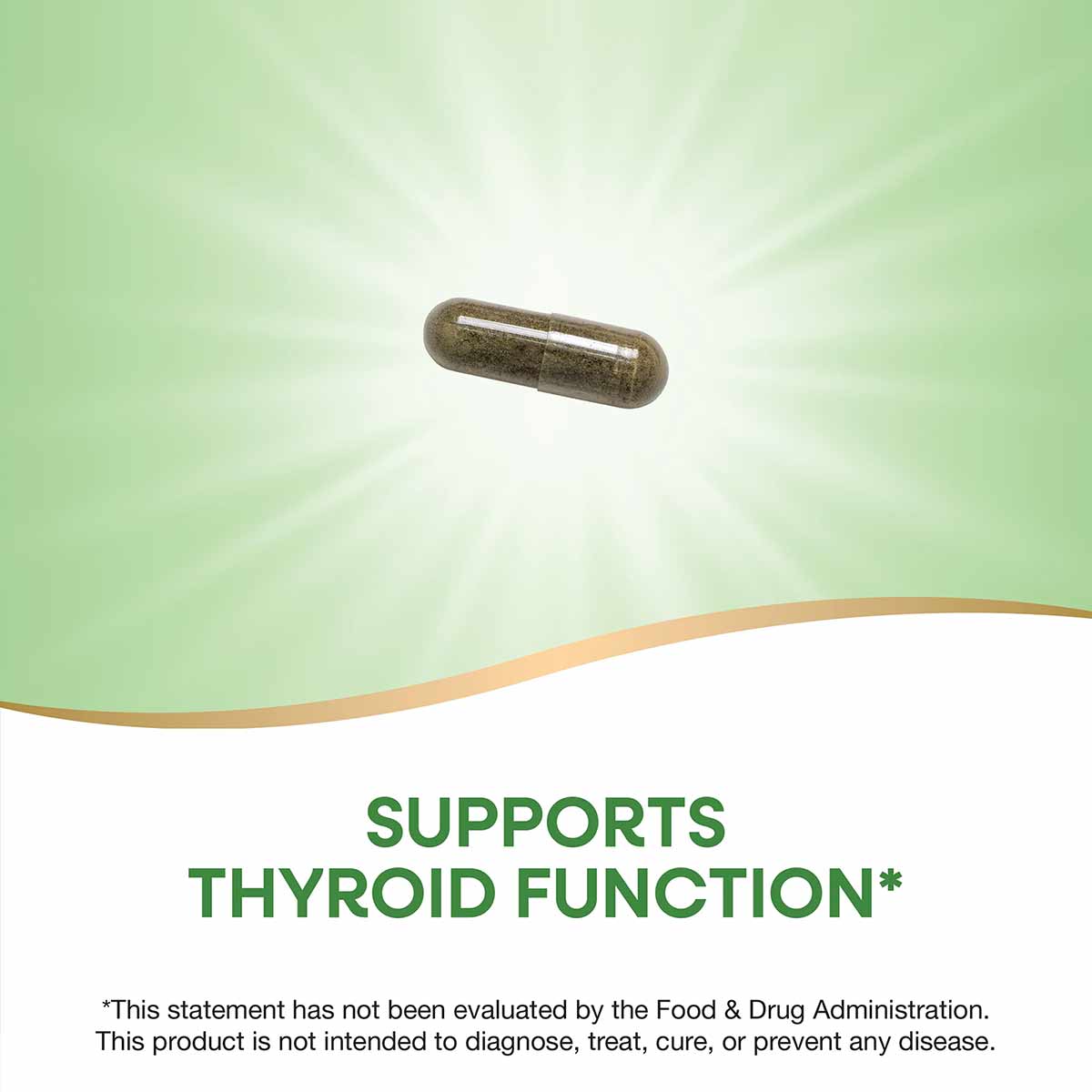 Single green-brown kelp supplement capsule against a light green background with radiating light effect.