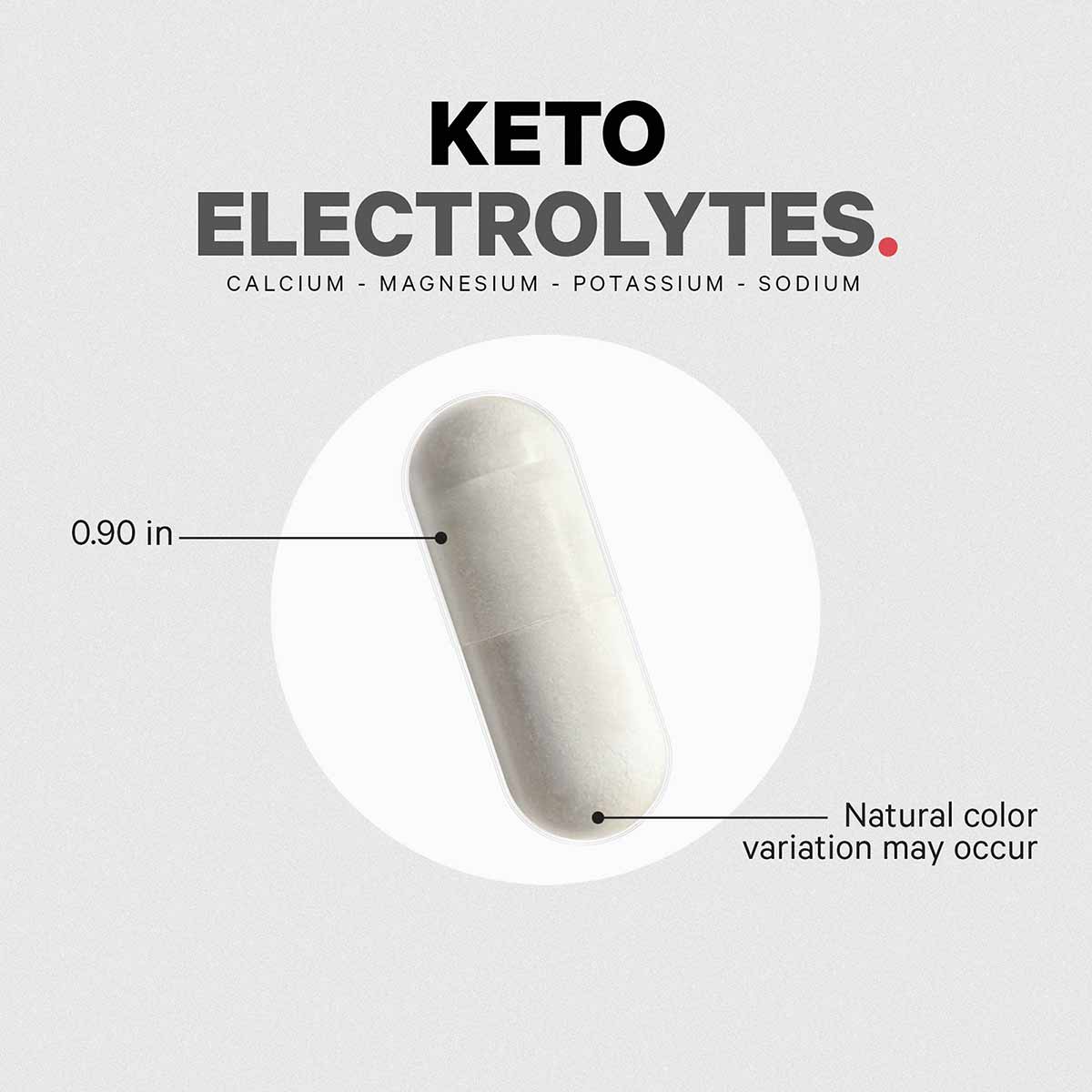 White capsule supplement measuring 0.90 inches, containing calcium, magnesium, potassium, and sodium.