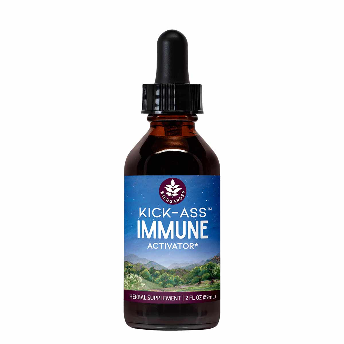 Dark amber glass dropper bottle of Kick-Ass Immune herbal supplement by Wishgarden Herbs with blue and purple label, 2 fl oz.