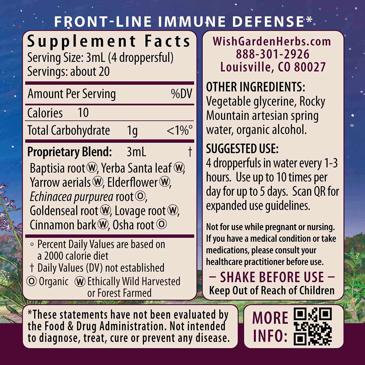 Supplement Facts label for Kick Ass Immune herbal liquid with serving size, ingredients, and usage instructions on blue starr