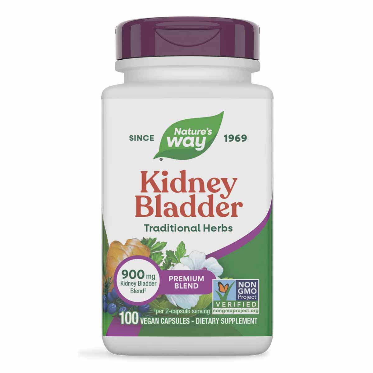 Nature's Way Kidney Bladder supplement bottle with purple cap containing 100 vegan capsules and Non-GMO Project Verified labe