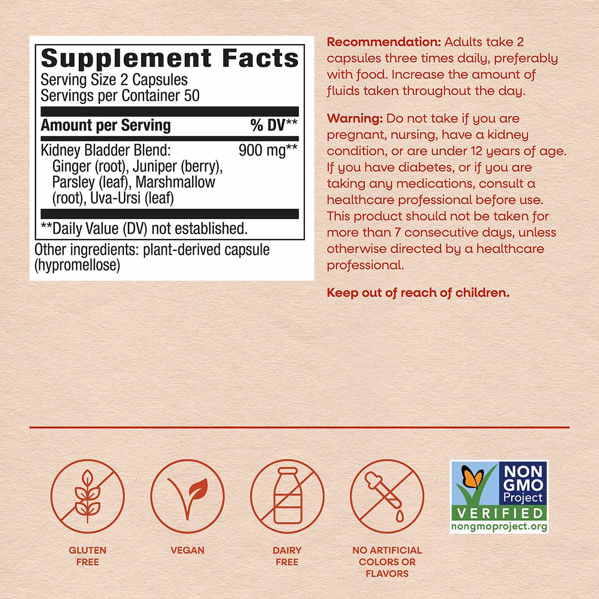 Nature's Way Kidney Bladder supplement label showing serving size, ingredient blend with ginger, juniper, parsley and marshma