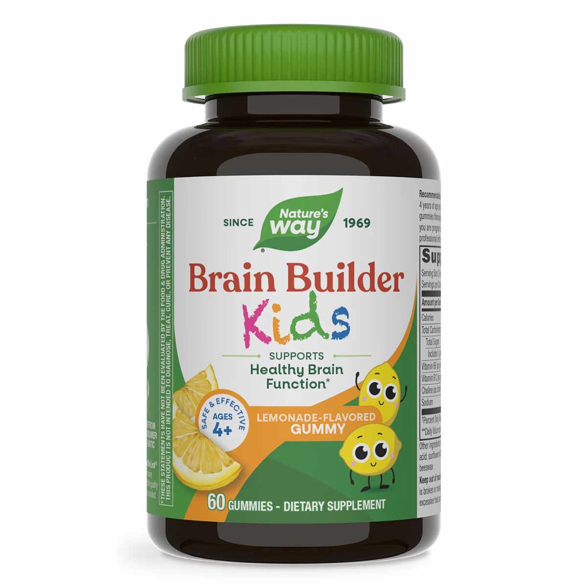 Nature's Way Brain Builder Kids lemonade-flavored gummies bottle with green cap, 60 count dietary supplement.