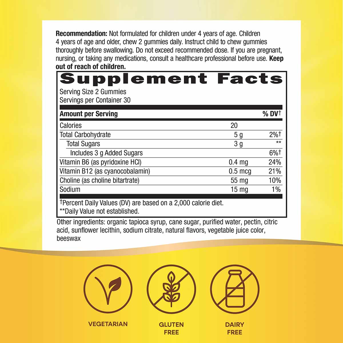 Supplement Facts label for Kids Brain Builder Gummies showing nutrition information, serving size of 2 gummies, and icons ind