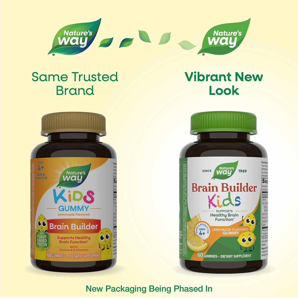 Two Nature's Way Kids Brain Builder gummy bottles side by side showing old and new packaging designs.