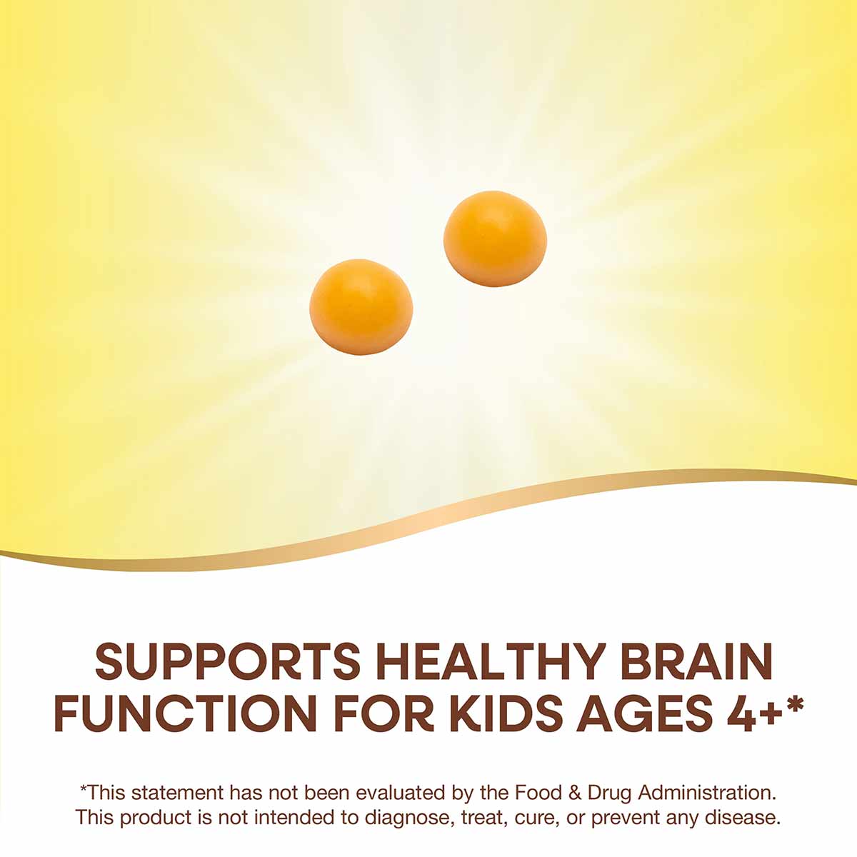 Two orange-yellow gummies against a yellow and white background with text stating "Supports Healthy Brain Function for Kids A