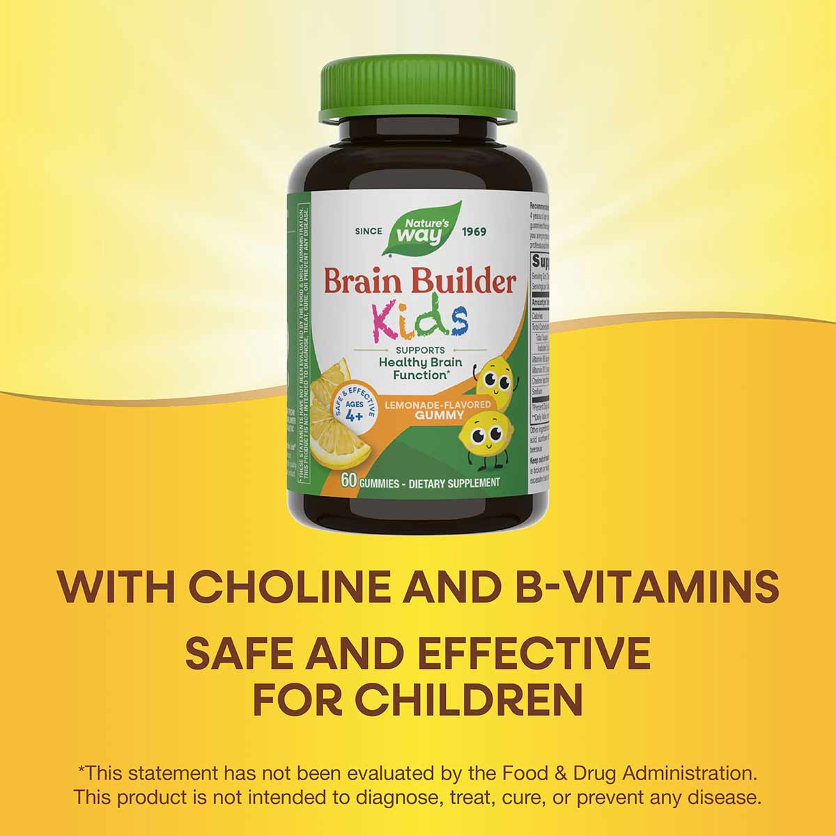 Nature's Way Brain Builder Kids supplement bottle with green cap containing 60 lemonade-flavored gummies.