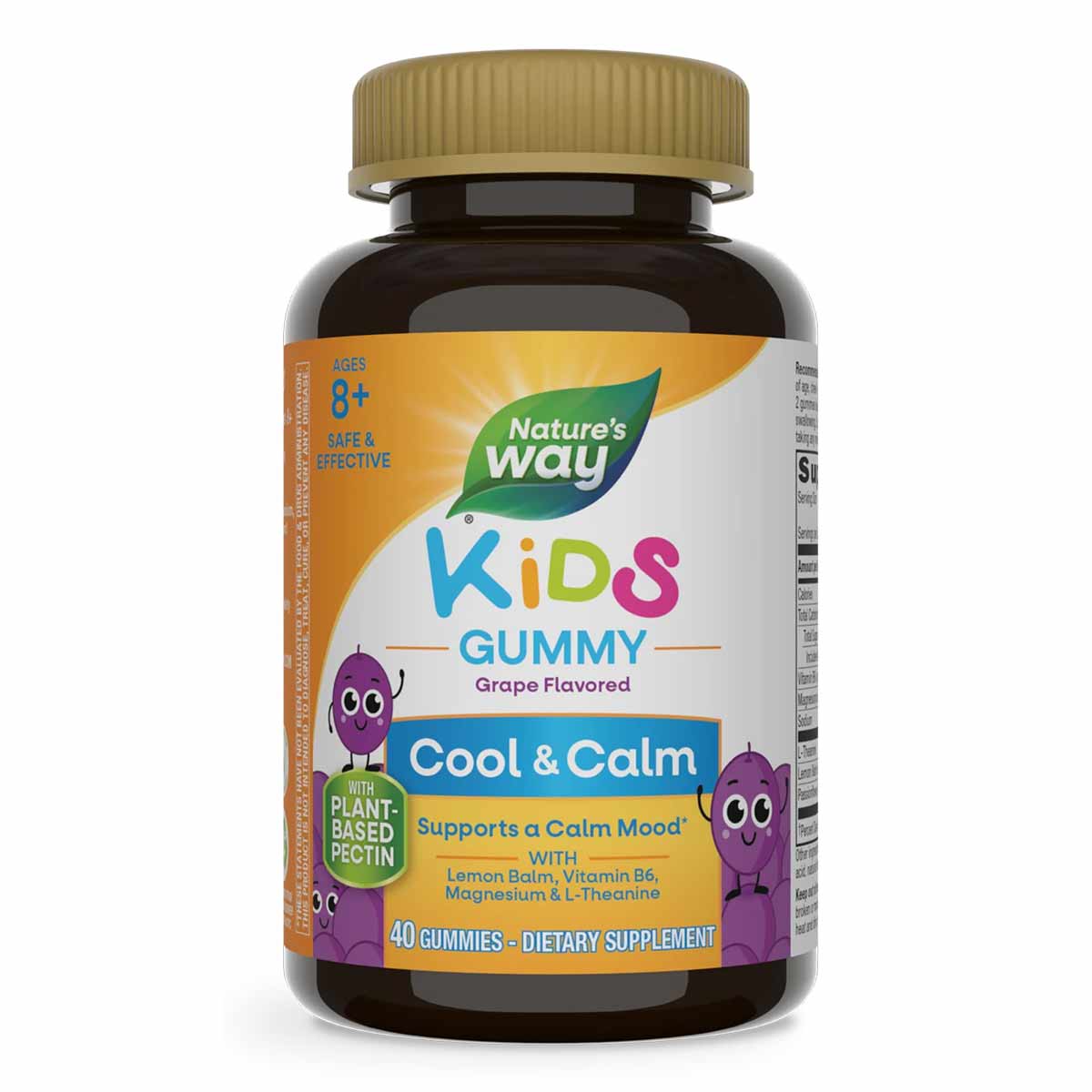Nature's Way Kids Cool & Calm grape-flavored gummies in dark glass bottle with gold cap, 40 count.