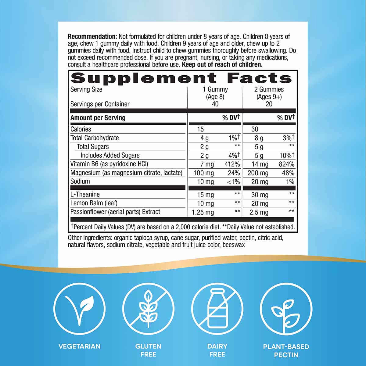 Supplement Facts label for Kids Cool, Calm & Collected Gummies showing serving sizes, nutritional information, and ingredient
