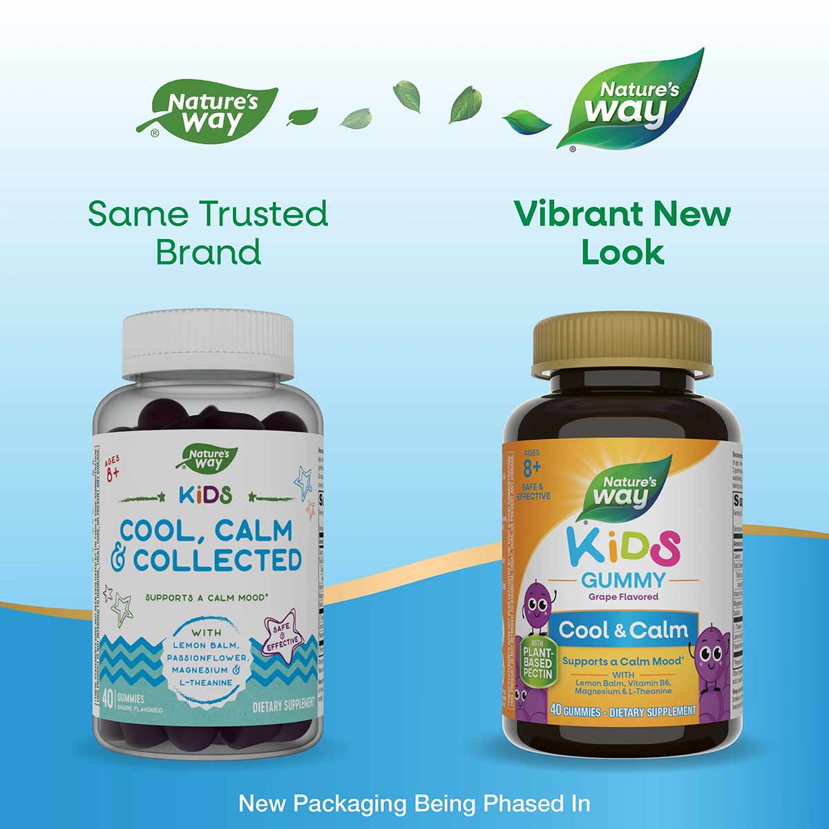 Two bottles of Nature's Way Kids Cool, Calm & Collected Gummies showing old and new packaging designs side by side.