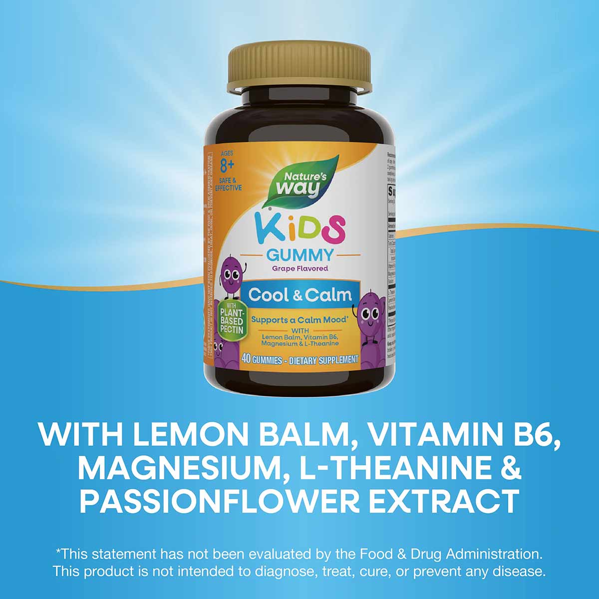 Nature's Way Kids Cool & Calm gummy supplement bottle with gold cap, grape flavored, 40 gummies, for ages 8+.