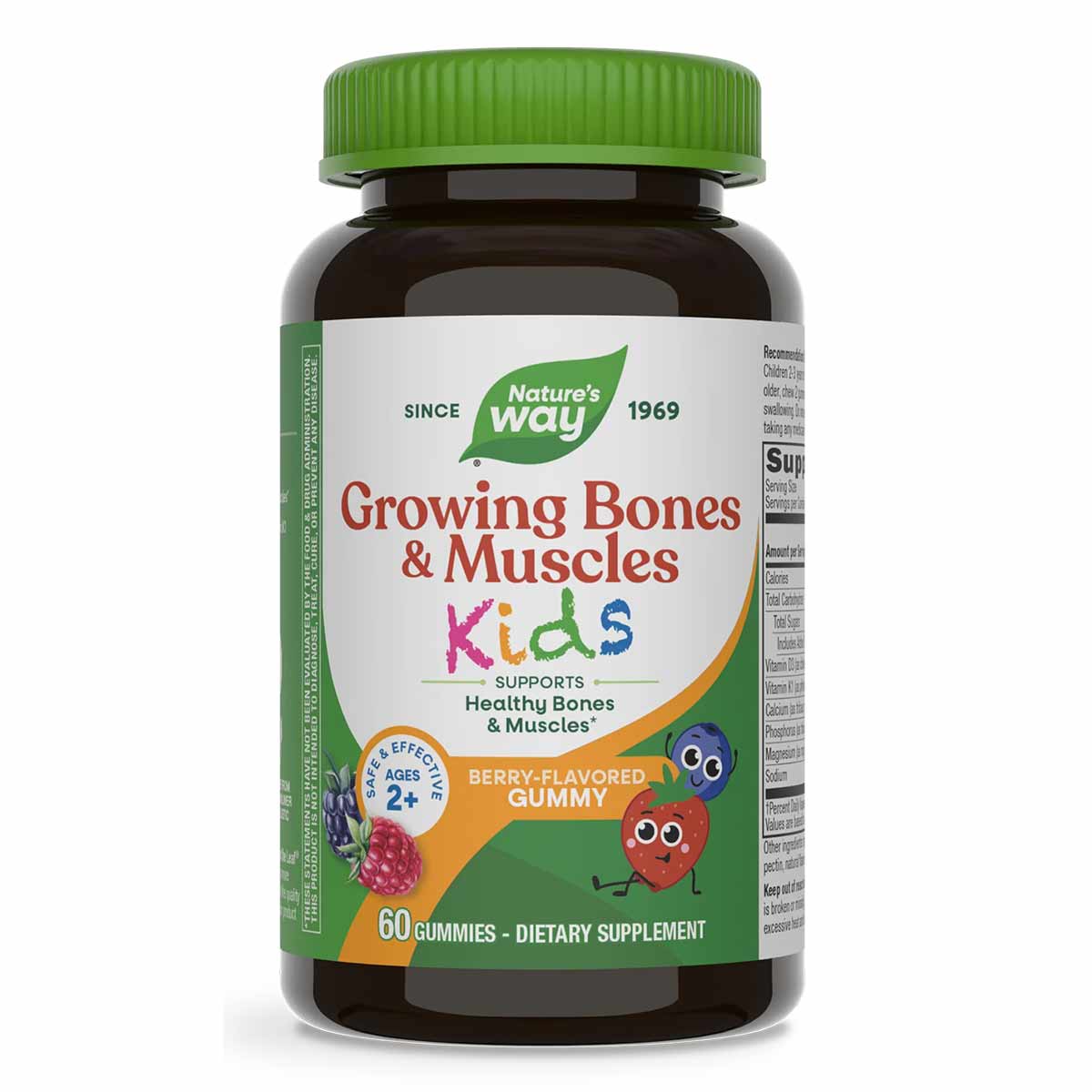 Dark bottle with green cap containing Nature's Way Growing Bones & Muscles Kids gummies, 60 count, berry-flavored dietary sup