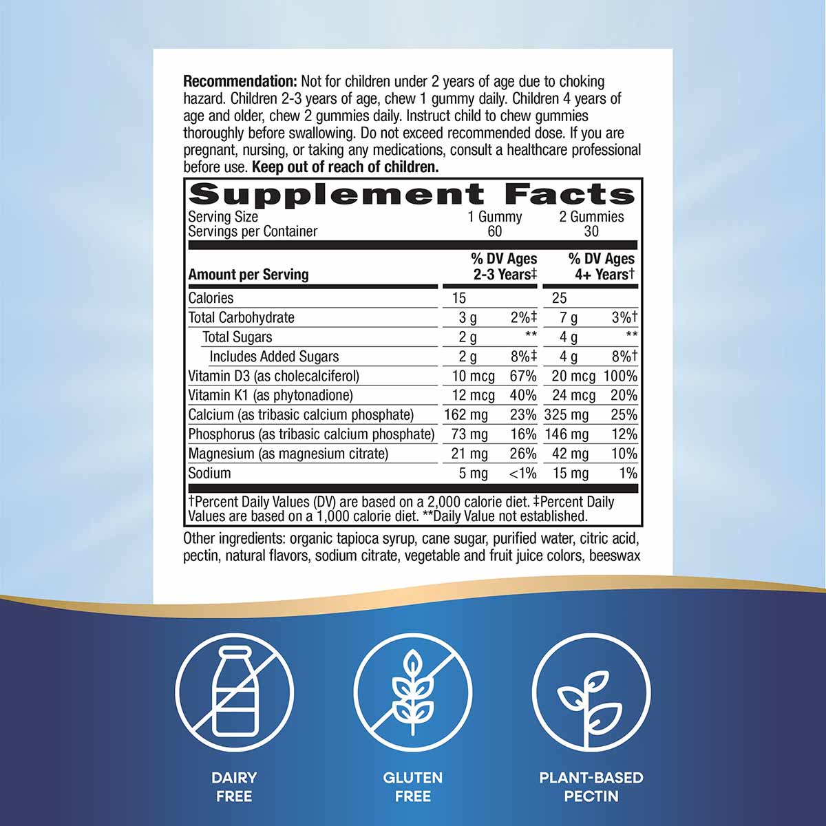 Supplement Facts label showing dosage recommendations, nutritional information including vitamins D3, K1, calcium, and phosph