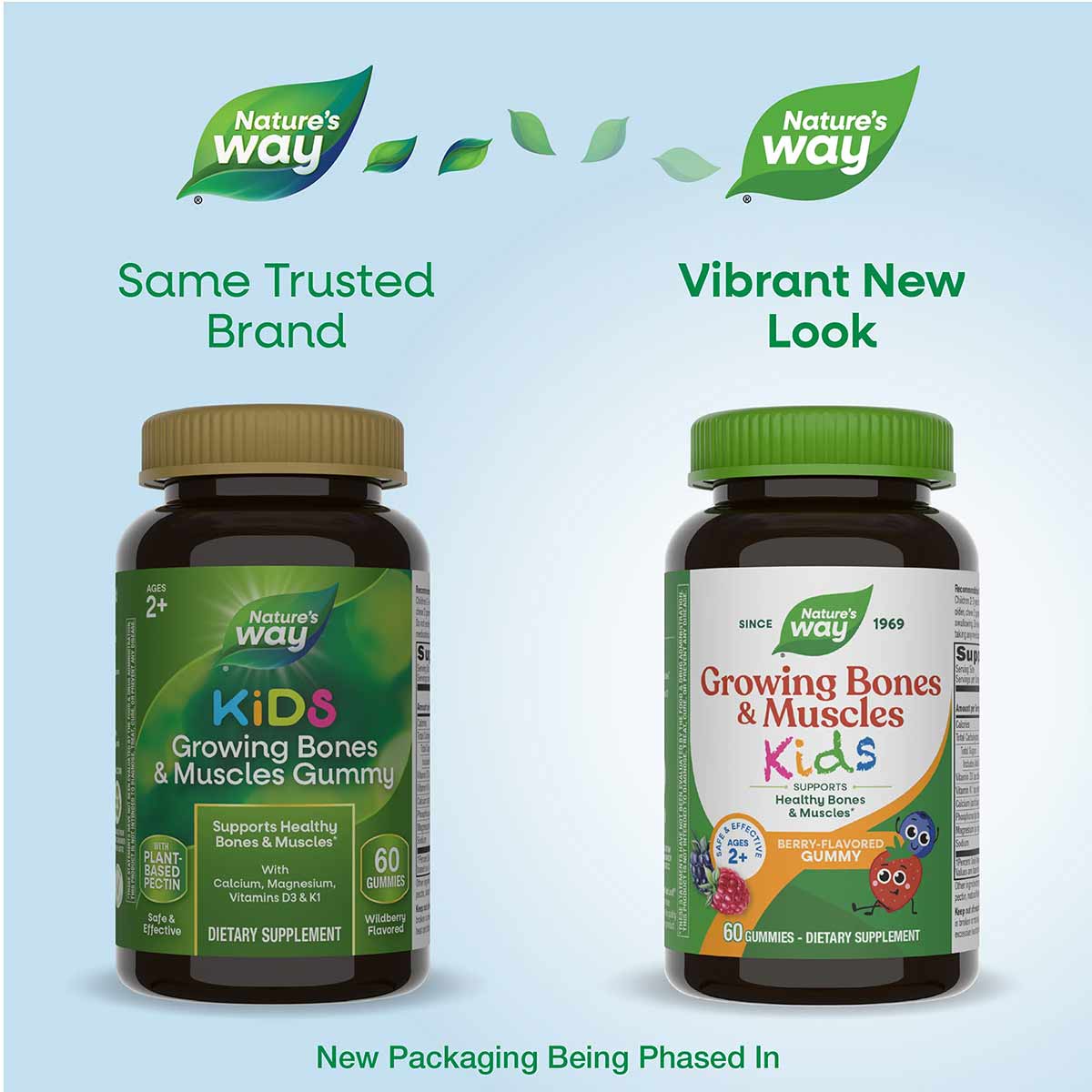 Two dark brown bottles of Nature's Way Kids Growing Bones & Muscles Gummies with green caps, showing old and new packaging de