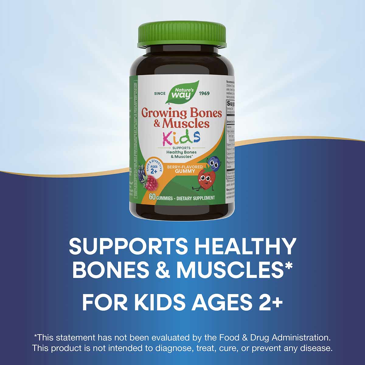 Nature's Way Growing Bones & Muscles Kids gummies in berry flavor, 60-count bottle with green cap.