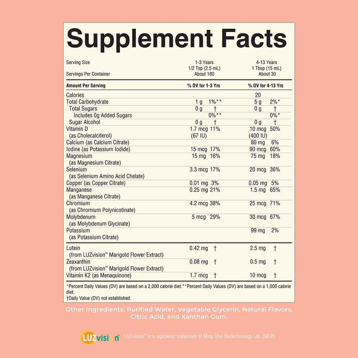 Supplement Facts label for Kids Liquid Nighttime Multimineral showing serving sizes, mineral content, and daily value percent