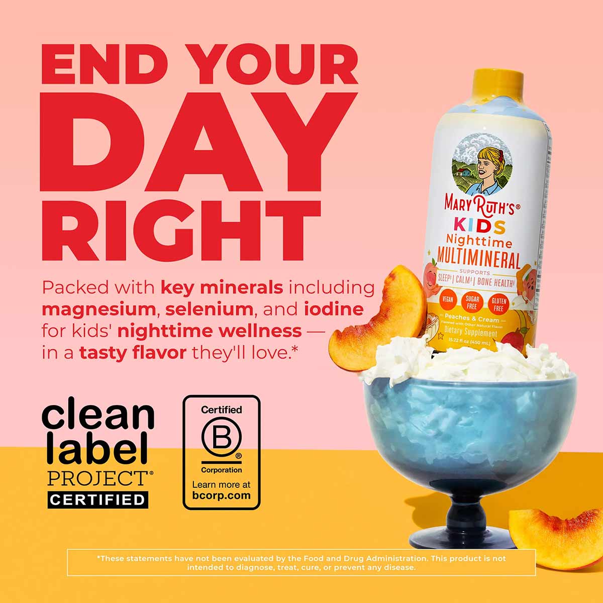 MaryRuth's Kids Nighttime Multimineral liquid supplement bottle with yellow cap next to a blue bowl of white cream and peach 