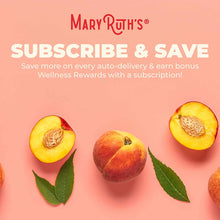 MaryRuth's Organics logo and text above whole and halved peaches with leaves on pink background.