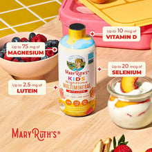 MaryRuth's Kids Nighttime Multimineral liquid supplement bottle with peaches and cream flavor, surrounded by berries and yogu