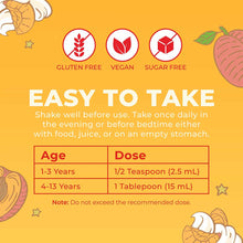 Yellow product label showing dosage instructions, ingredient icons for gluten-free vegan sugar-free, and illustrated fruits o