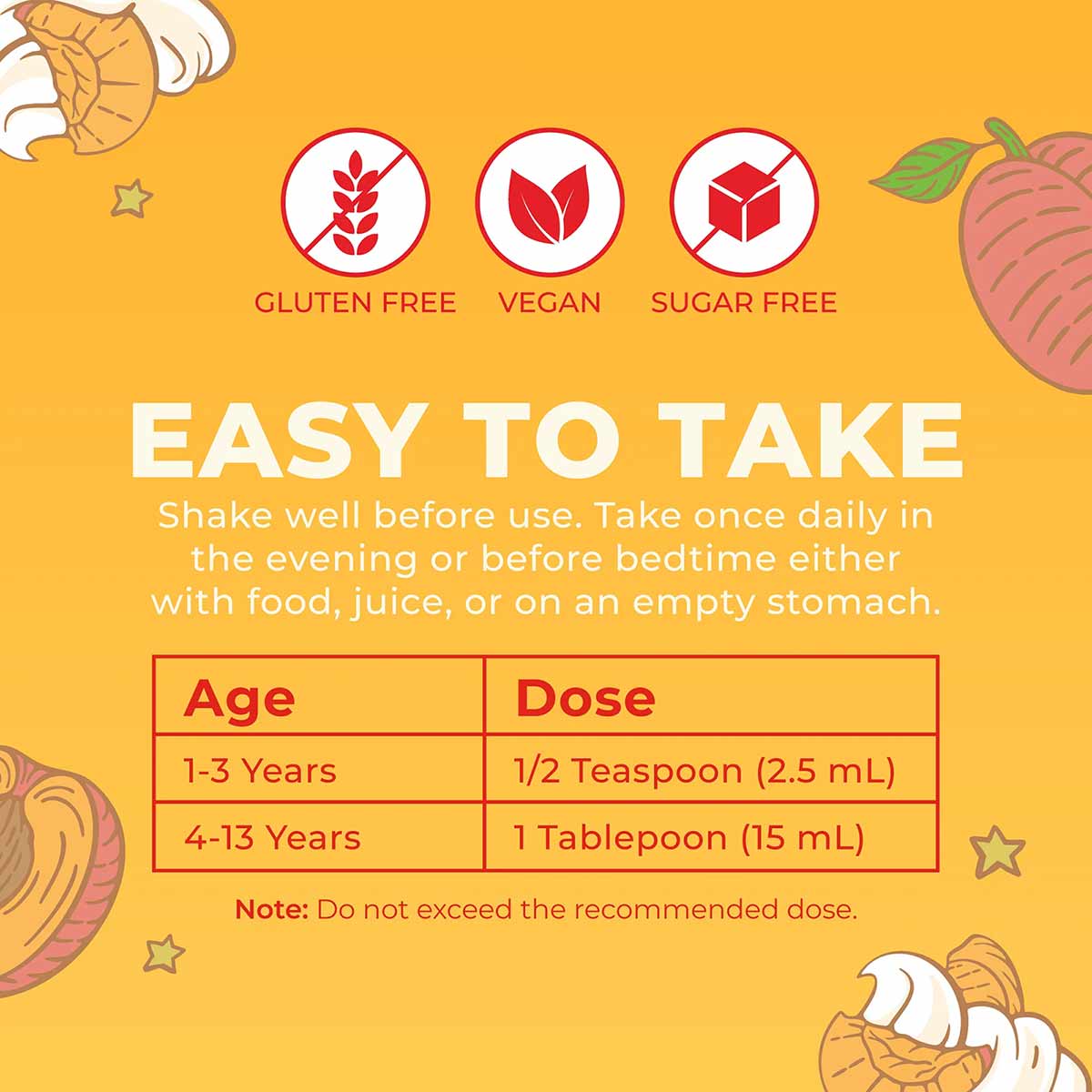 Yellow product label showing dosage instructions, ingredient icons for gluten-free vegan sugar-free, and illustrated fruits o