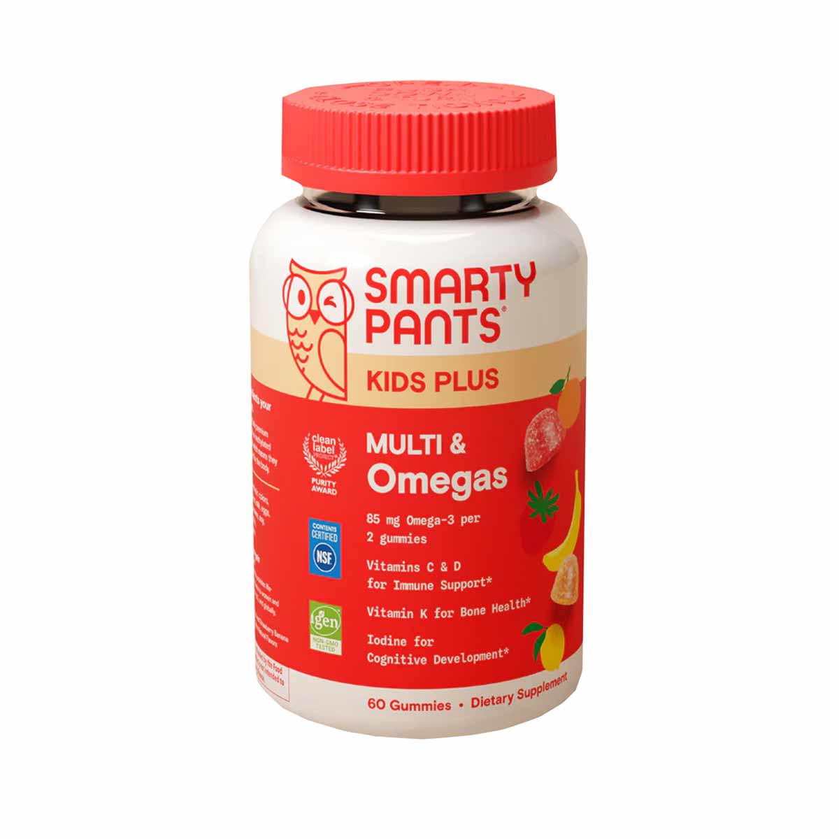 SmartyPants Kids Plus Multi & Omegas vitamin gummies bottle with red cap and label showing 60 gummies.