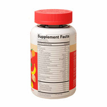 White bottle with red cap showing supplement facts label and fruit graphics on orange-red label.