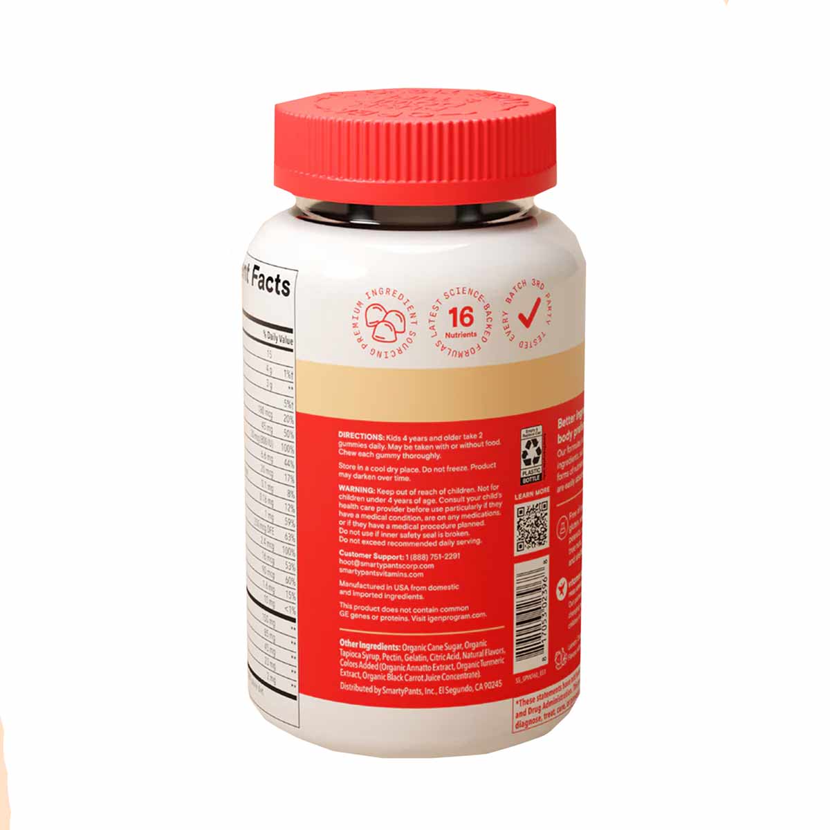 White bottle of SmartyPants Kids Plus Multi & Omegas vitamins with red cap and label showing nutrition facts.