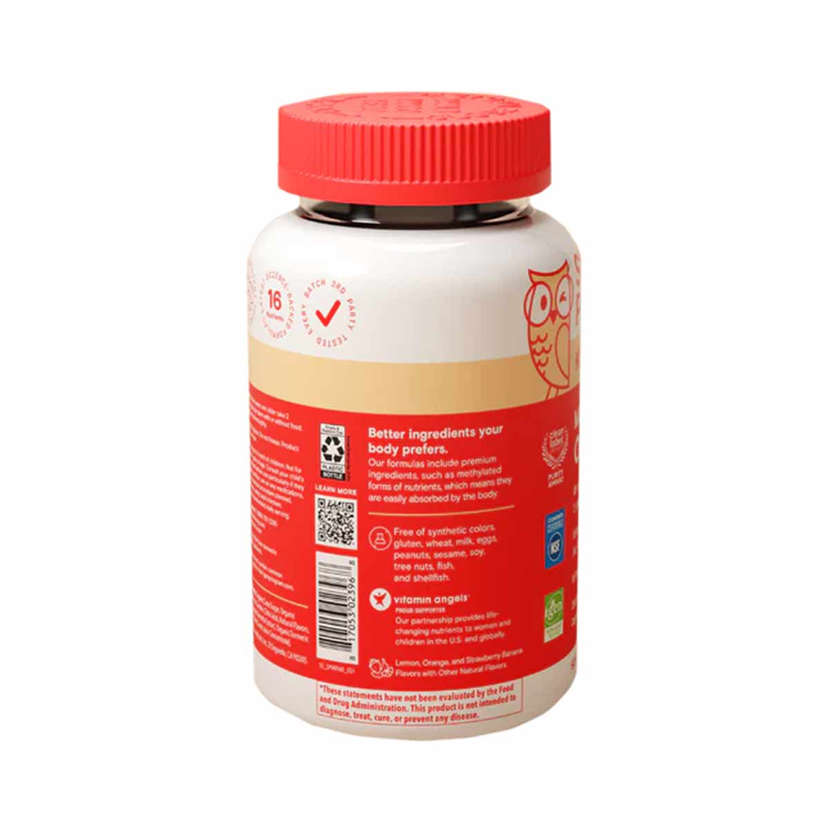 SmartyPants Kids Plus Multi & Omegas bottle with red cap and label featuring owl design.