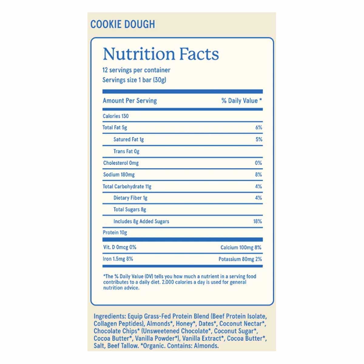 Nutrition facts label for Cookie Dough protein bars listing 130 calories, 10g protein, and 8g added sugars per bar, plus ingredients.