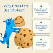 An illustrated blue cow pushes a large chocolate chip cookie beside the heading "Why Grass-Fed Beef Protein?" and three checkmarked benefit boxes.