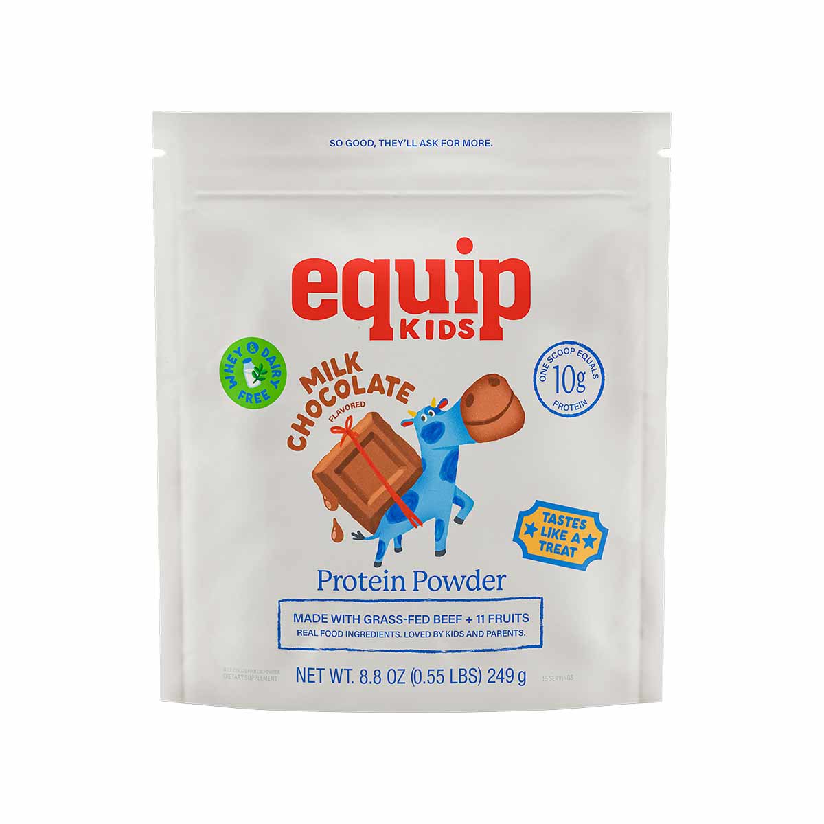 A white Equip Kids milk chocolate protein powder pouch with a cartoon blue cow carrying a chocolate bar.