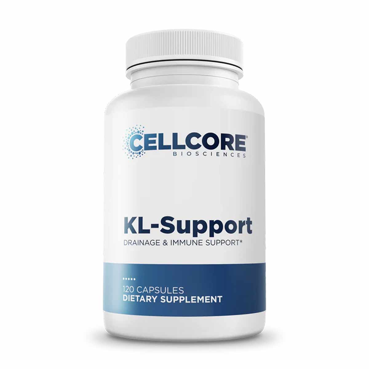 White plastic supplement bottle with white cap labeled "KL-Support" by CellCore Biosciences, containing 120 capsules.