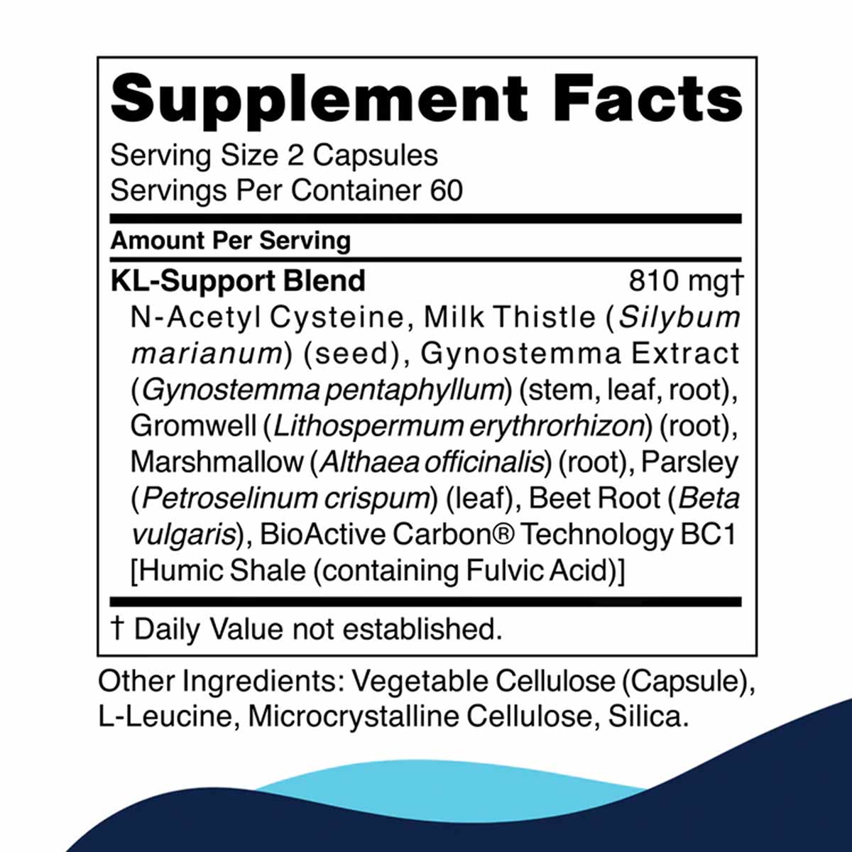 Supplement Facts label for KL Support showing 2 capsule serving size, 60 servings per container, and KL-Support Blend ingredi