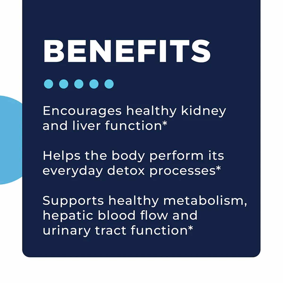 Dark blue card with white text listing benefits of KL Support supplement, including kidney, liver, and detox support informat