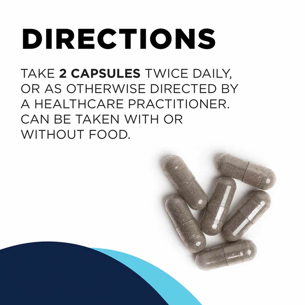 Brown and clear capsules displayed with usage directions stating take 2 capsules twice daily.