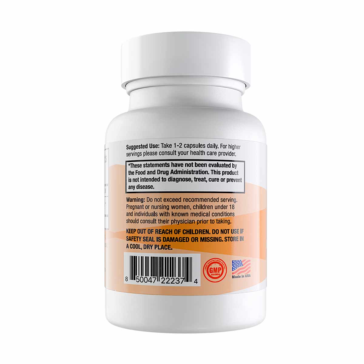 White plastic supplement bottle with orange label containing usage instructions, warnings, barcode, and GMP certification sea