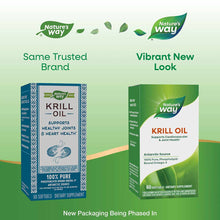Nature's Way Krill Oil 500 mg supplement bottles showing old blue packaging and new green packaging design.