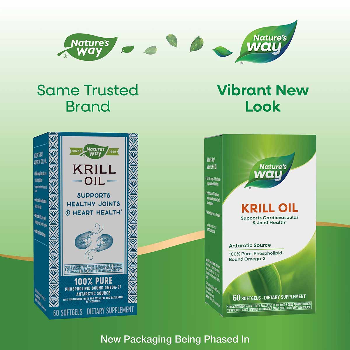 Nature's Way Krill Oil 500 mg supplement bottles showing old blue packaging and new green packaging design.