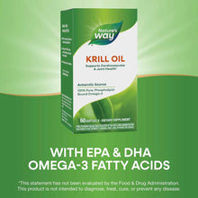 Nature's Way Krill Oil 500 mg bottle with green label, 60 softgels, Antarctic source omega-3 supplement.