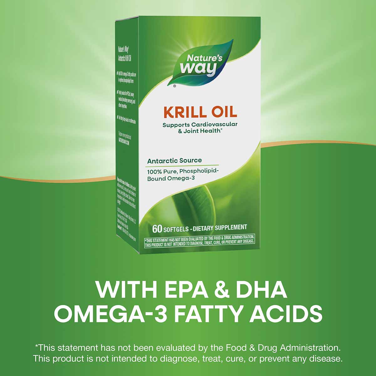 Nature's Way Krill Oil 500 mg bottle with green label, 60 softgels, Antarctic source omega-3 supplement.