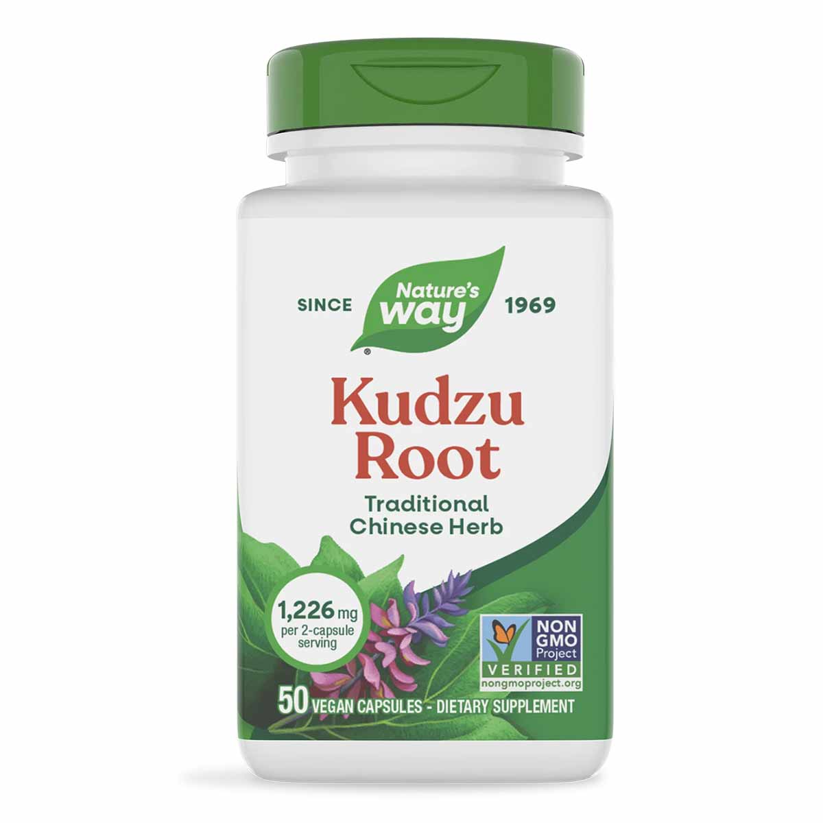 White bottle with green cap containing Nature's Way Kudzu Root dietary supplement, 50 vegan capsules, 1,226 mg per serving.