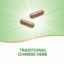 Two brown herbal supplement capsules floating on green background with "Traditional Chinese Herb" text below.