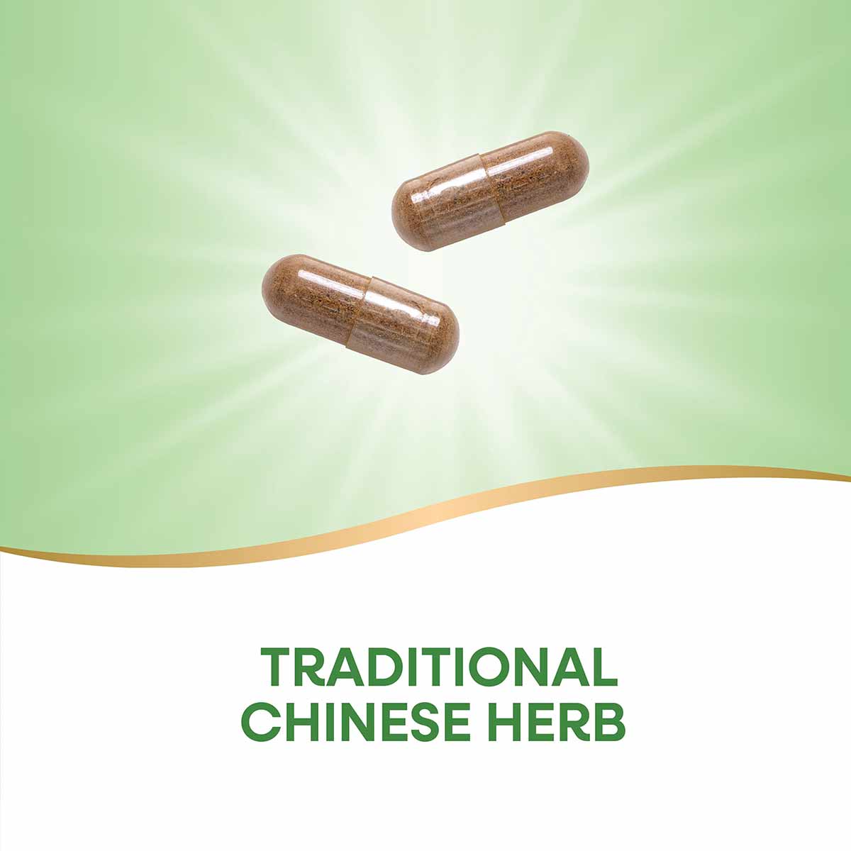Two brown herbal supplement capsules floating on green background with "Traditional Chinese Herb" text below.