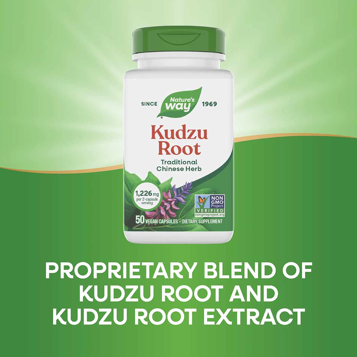 Nature's Way Kudzu Root supplement bottle with green cap, 50 vegan capsules, 1,226mg per serving, Non-GMO Project Verified.