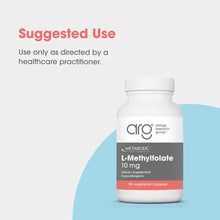 White supplement bottle labeled L-Methylfolate 10 mg by Allergy Research Group containing 90 vegetarian capsules.