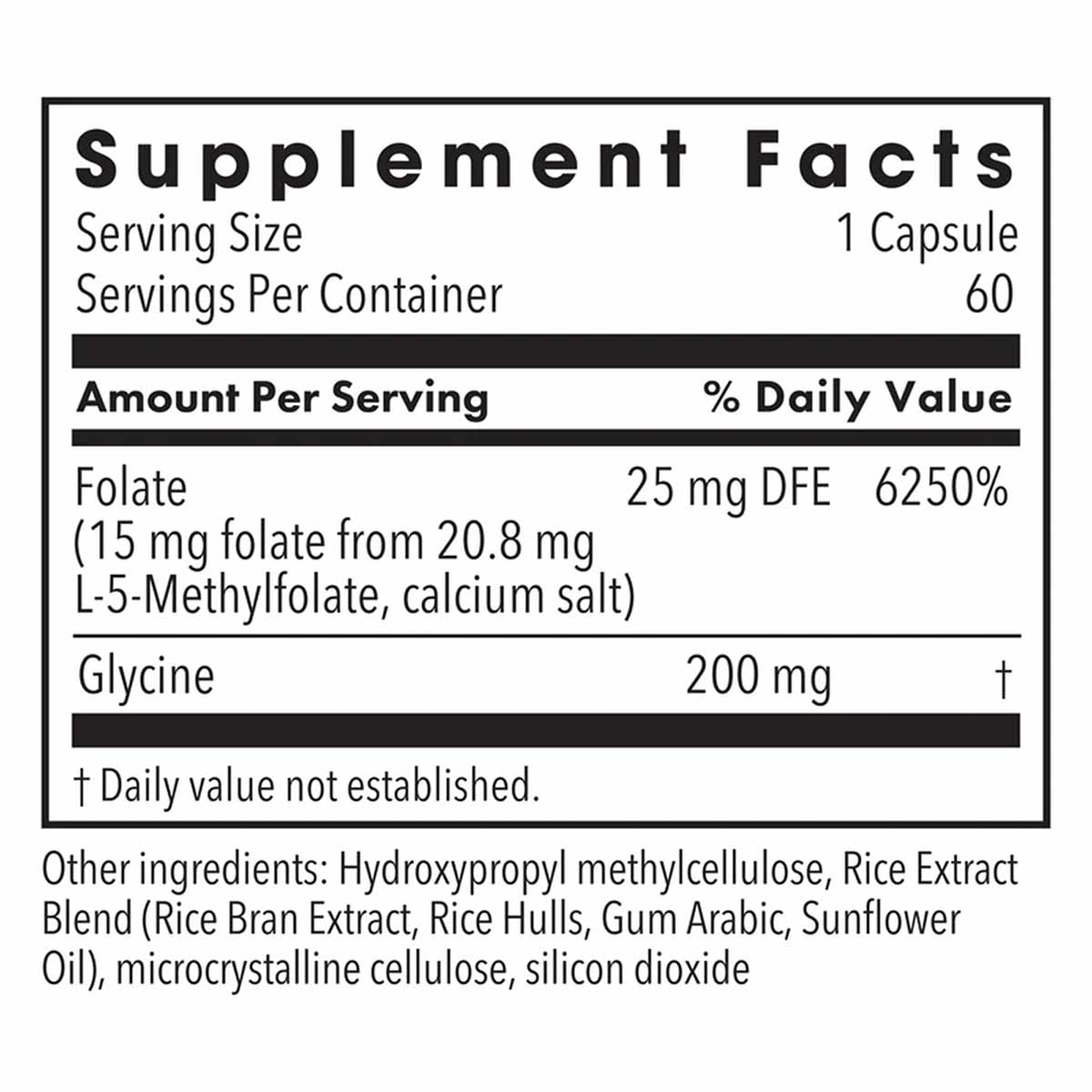 Supplement Facts label showing L-Methylfolate 15 mg per capsule, 60 servings per container, with ingredient list.